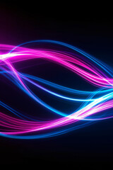 Futuristic wave background with neon colors, electric blue and hot pink curves, cyberpunk-inspired glowing lines, tech aesthetic with dark backdrop