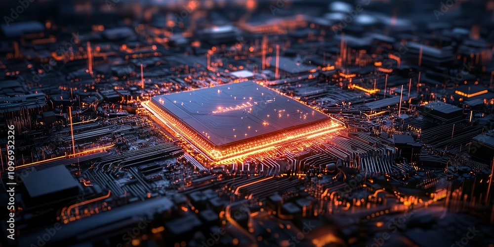 Poster A futuristic, high-tech depiction of a microchip surrounded by glowing circuits, showcasing advanced technology and digital connectivity.