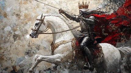 Digital art Illustration of Horseman of the Apocalypse riding a white horse with crown and armed bow
