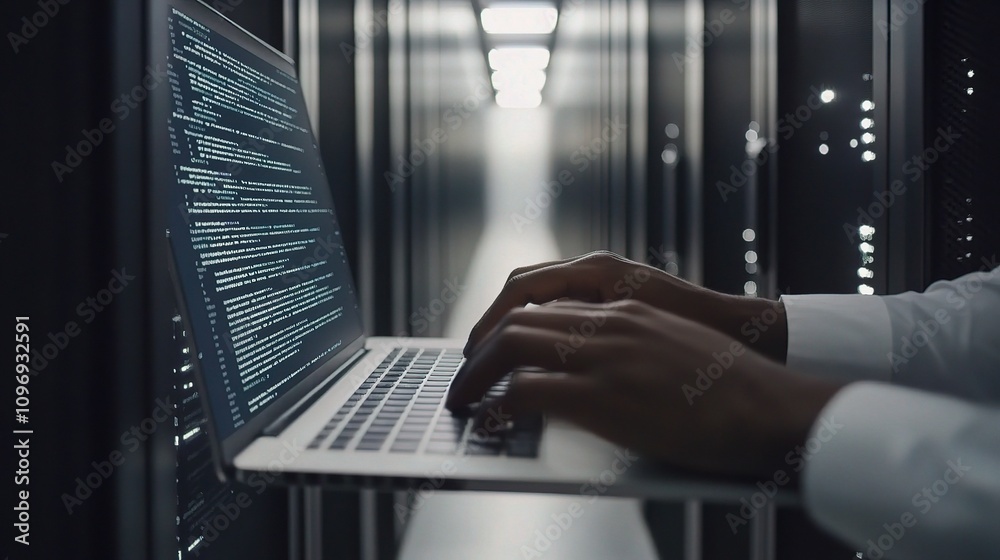 Poster close-up of programmers' hands typing code on laptop in data center