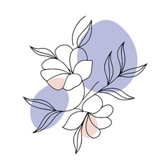 a delicate vector line art illustration of a floral arrangement featuring blooming flowers and leaves