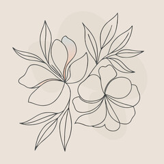 a delicate vector line art illustration of a floral arrangement featuring blooming flowers and leaves
