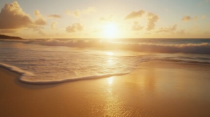 Fototapeta premium Golden sunset over ocean waves on sandy beach. (1)