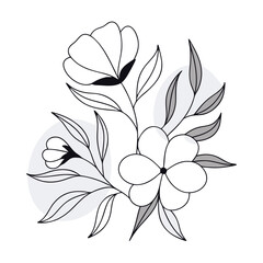 a delicate vector line art illustration of a floral arrangement featuring blooming flowers and leaves