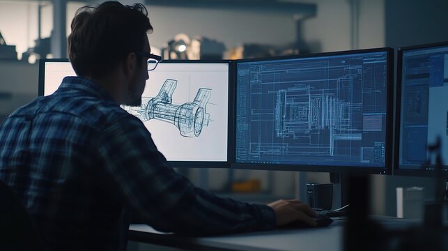 Engineer Deeply Engrossed in CAD Design Session at Workspace