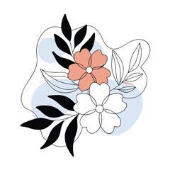 a delicate vector line art illustration of a floral arrangement featuring blooming flowers and leaves