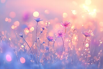 Beautiful Winter Nature Background with Frozen Flowers and Grass in the Meadow at Sunrise. AI generated illustration