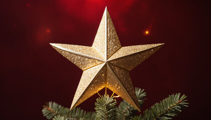 A shining golden star tree topper glowing softly, positioned on the right, surrounded by faint glowing light trails against a deep red background