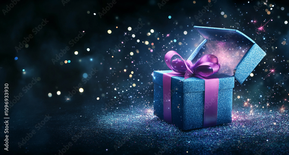Poster gift box surrounded by shimmering lights and sparkles creating a festive atmosphere