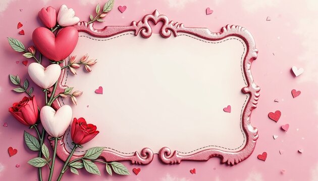 Romantic blank card with heart and rose decorations on pink background, perfect for Valentine’s Day or love notes