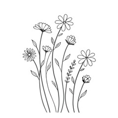 a minimalist vector line art illustration of tall, delicate flowers with thin stems and small leaves
