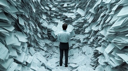 A Man Stands Surrounded By A Massive Pile Of Documents