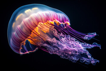 Beautiful jellyfish, glowing in the dark ocean with multiple colors of purple, pink, yellow, and orange.