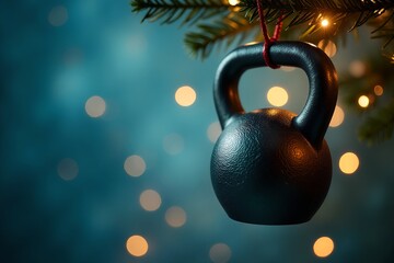 Close up of a christmas tree decor featuring a gym kettlebell hanging from a branch, with an out of focus background