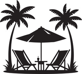 lounge chairs, umbrella and palm tree silhouette design vector art illustration