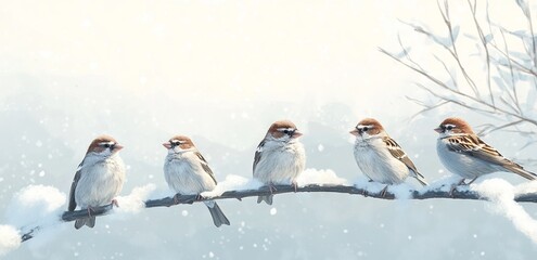 Five Cute Sparrows Sitting on a Branch in Winter. AI generated illustration