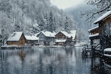 Fototapeta premium Hallstatt Winter Landscape with Lake and Wooden Houses in Snow. AI generated illustration