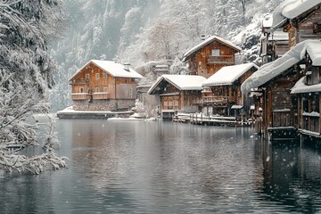 Fototapeta premium Hallstatt Winter Landscape with Lake and Wooden Houses in Snow. AI generated illustration
