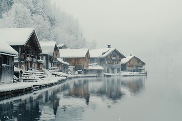 Fototapeta premium Hallstatt Winter Landscape with Lake and Wooden Houses in Snow. AI generated illustration