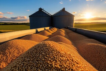 Aerial View of Grains Loaded into Storage Silos at Sunset