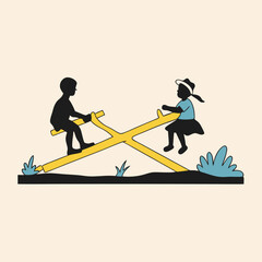 a minimalist vector silhouette of two children playing on a seesaw