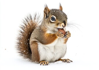 Red Squirrel Eating Nut in Snow, Cute Winter Wildlife Photography. AI generated illustration