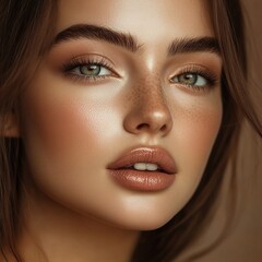 Beautiful Young Woman Portrait with Natural Makeup and Glossy Lips