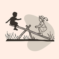 a minimalist vector silhouette of two children playing on a seesaw