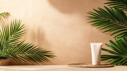 Minimalistic skincare product display with tropical leaves