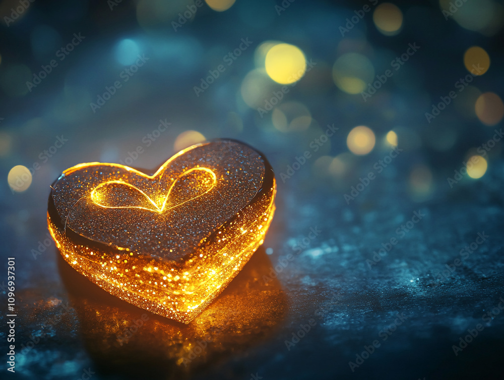Poster glowing heart-shaped ornament shines in a dark environment, creating a romantic atmosphere