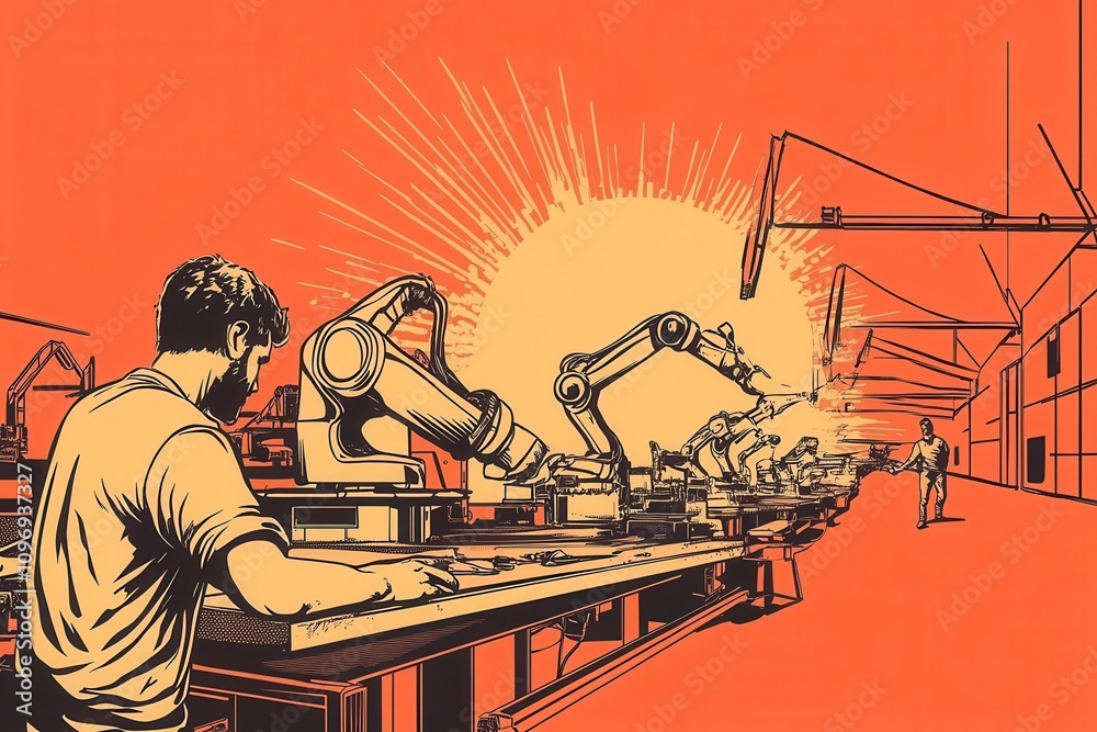 Poster A stylized illustration showing a worker at a keyboard alongside robotic arms, symbolizing automation and technology in a factory setting against a vibrant background.