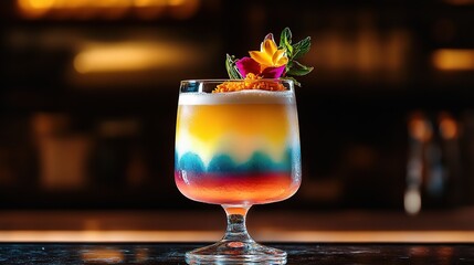 Vibrant Rainbow Cocktail with Colorful Layers and Floral Garnish