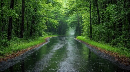 Obraz premium Rainy Road Through Lush Green Forest