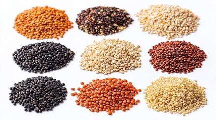 A variety of grains displayed in organized piles for culinary use.