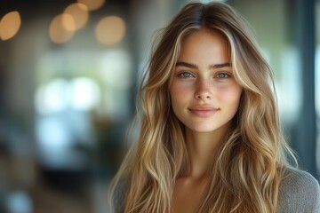 Obraz premium a young businesswoman with long hair stands confidently, gazing at the camera against a softly blurred background that conveys professionalism and modernity