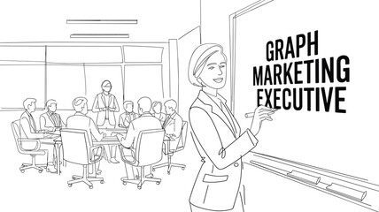 A continuous line drawing of a woman writing "graph marketing executive" on a whiteboard in a conference room, vector illustration 