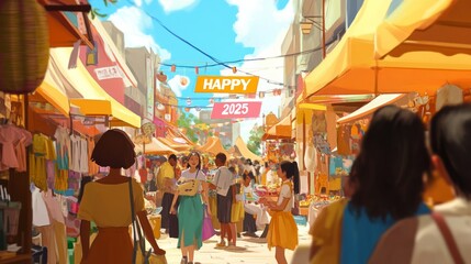 Happy 2025 at a vibrant marketplace filled with colorful stalls, joyful shoppers, and festive decorations under a bright sky