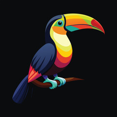 Fototapeta premium Colorful toucan bird vector illustration, vibrant tropical parrot perched on branch, exotic rainbow toucan character design on black background