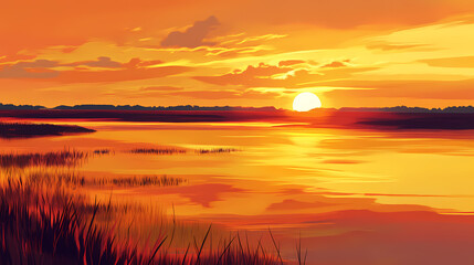 Obraz premium Vibrant sunset over serene coastal marshlands golden sky reflections water, landscape, wetland, scenic, nature, horizon, twilight, evening, view, light. Golden Sunset Reflections. Illustration