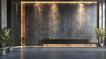 Modern minimalist concrete wall interior with a reception desk and plants.