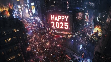 Happy New Years Celebration in Times Square, 2025, Filled with Crowds, Lights, and Festivities