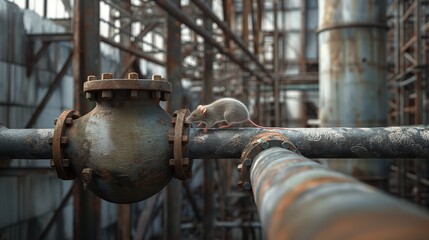 Structural details of a modern industrial building with a realistic mouse scurrying along a pipe.