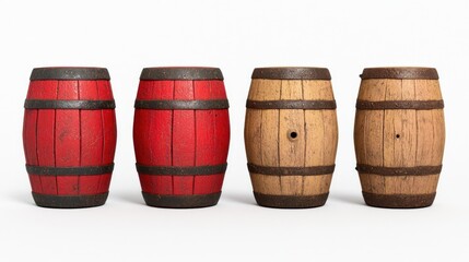 Five rustic wooden barrels of varying sizes create a charming and timeless display against a clean white backdrop