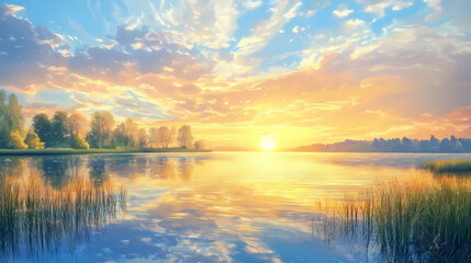 Obraz premium Oil painting depicting a lakeside sunset with natural landscapes featuring reflections a blue sky and warm golden sunlight. Golden Sunset Reflections. Illustration
