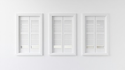 Fototapeta premium A minimalistic trio of white window shutters, elegantly opened against a clean white wall, showcasing a modern and airy design.