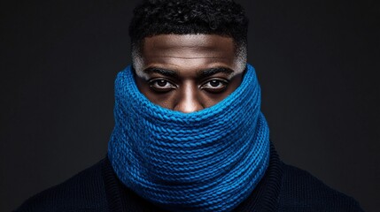 Portrait of a person wrapped in a thick blue scarf