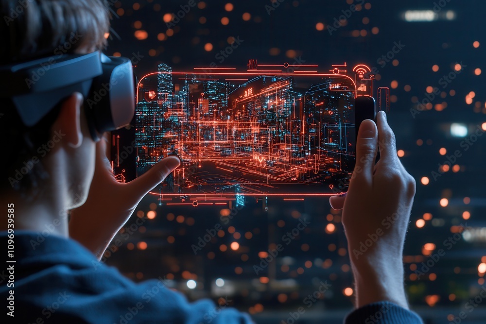 Aufkleber a person using a smartphone with augmented reality visuals, set against a cityscape at night, showca
