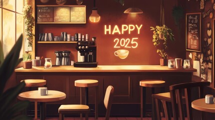 Cozy Café Interior Celebrating the New Year 2025 with Warm Lighting and Coffee Vibes