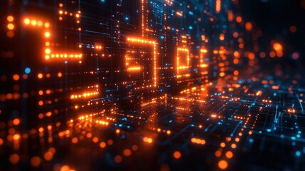 Fototapeta premium Abstract Digital Network: Glowing Orange and Blue Circuitry