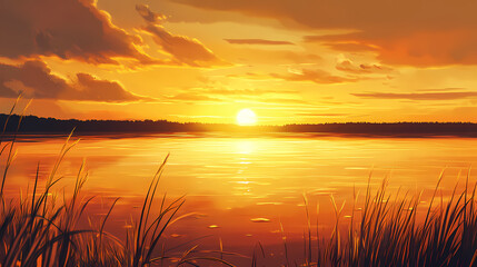 Obraz premium Captivating sunset reflections illuminate the tranquil lake landscape with vibrant colors. Golden Sunset Reflections. Illustration